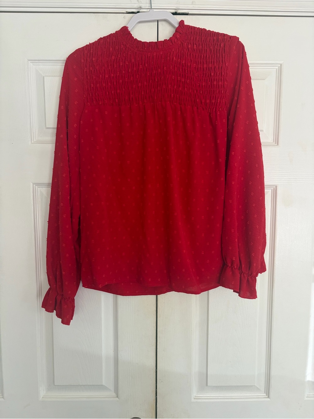 SHEIN Red Smocked Yoke Long Sleeve Blouse